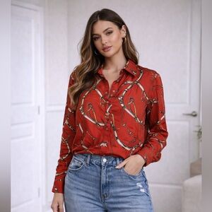Women's Red Patterned Button-Up Shirt
